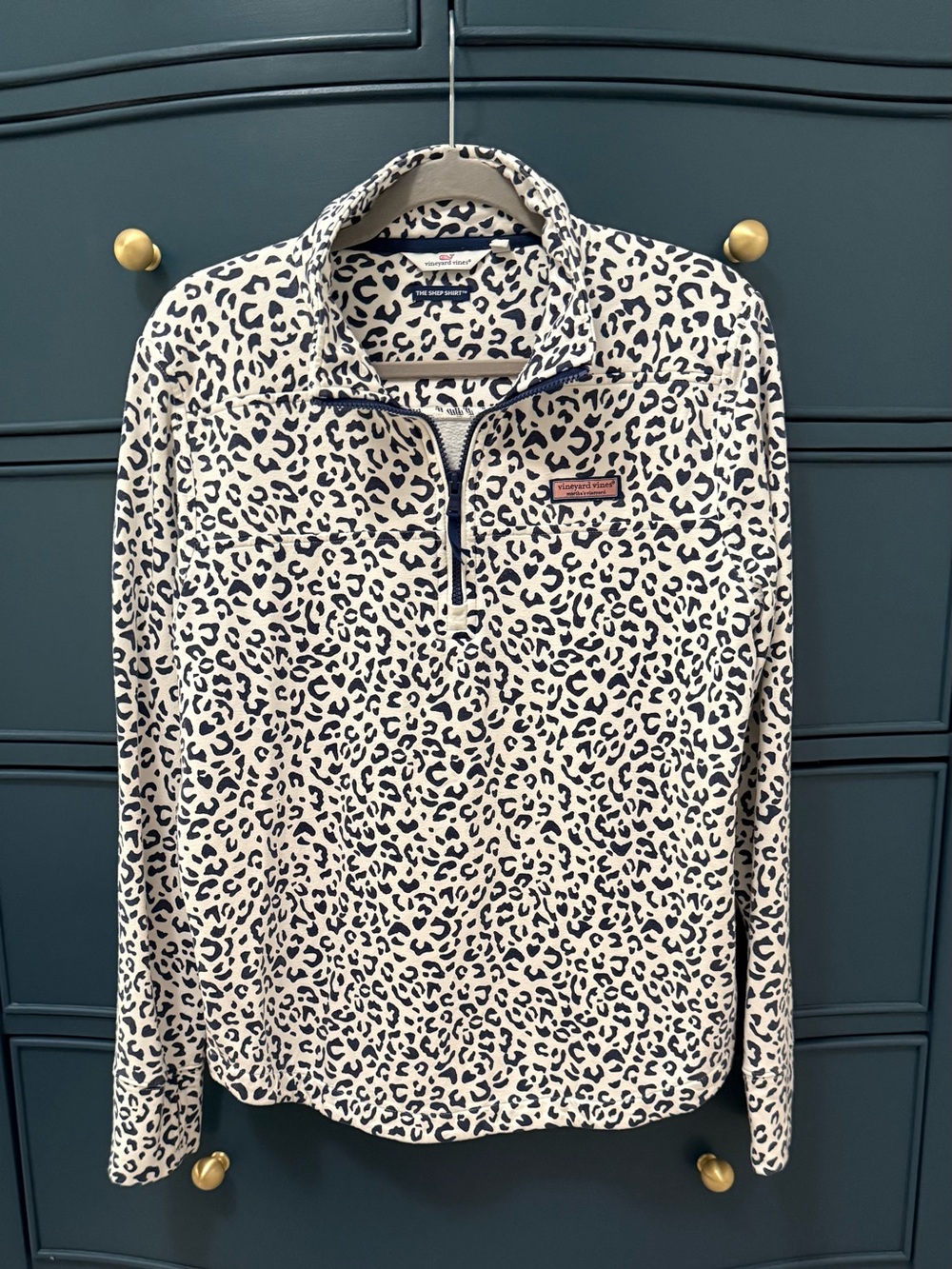 Vineyard Vines Cream/Navy Leopard Print Quarter-Zip Shep Shirt Size Large